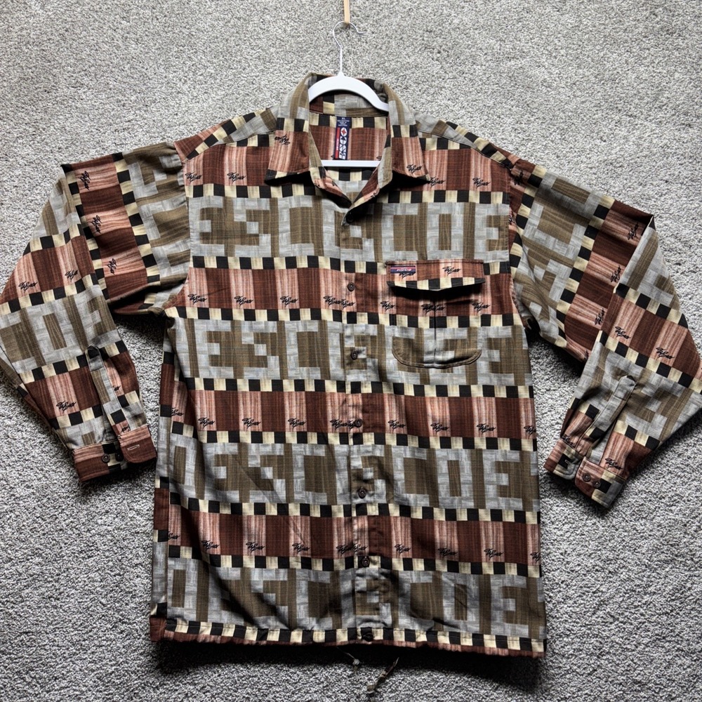 Willie Esco Button Down Long Sleeve Shirt Mens XL Geometric Drawstring Brown VTG